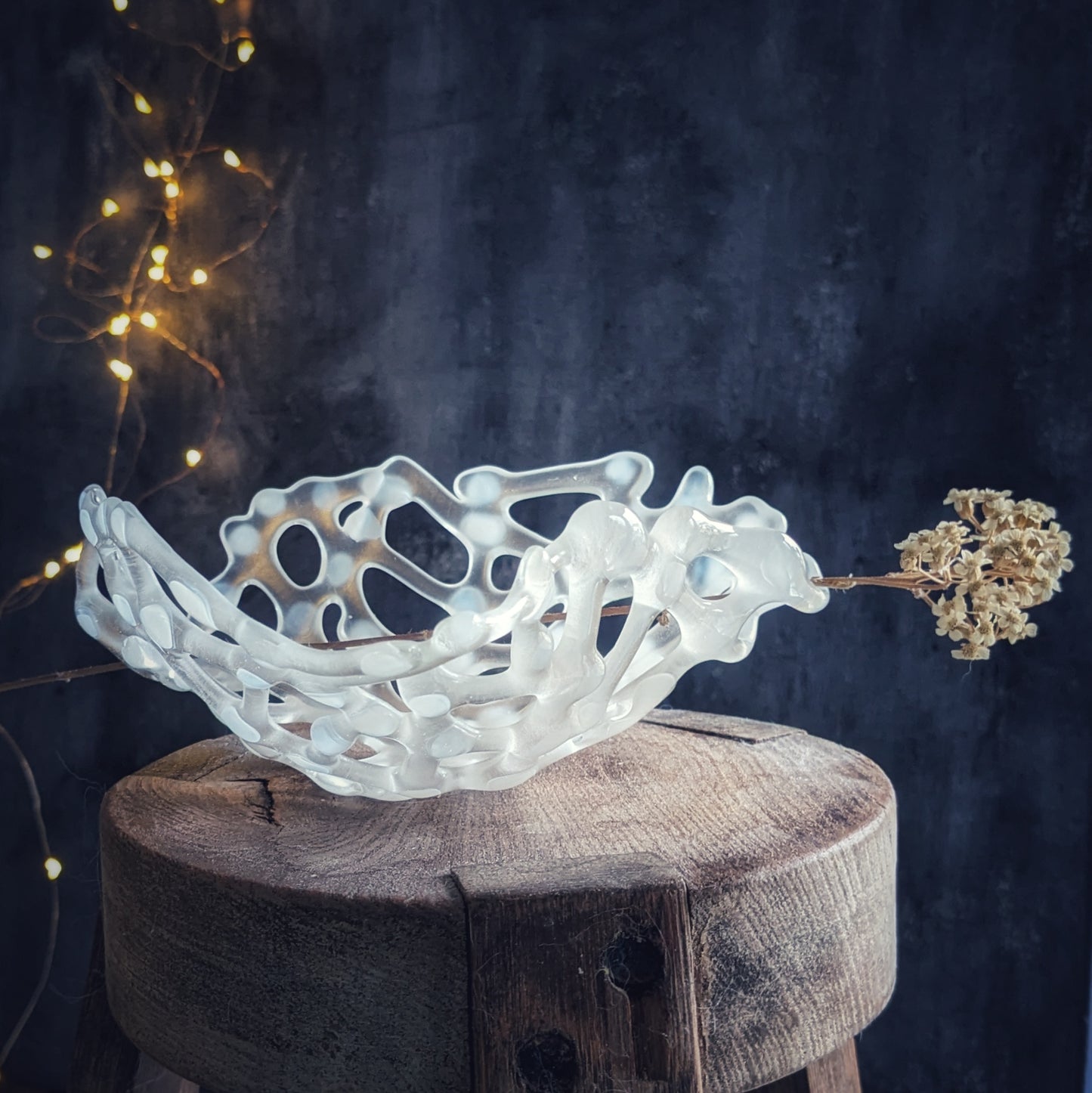 Frosted Wispy White and Clear Glass Vessel