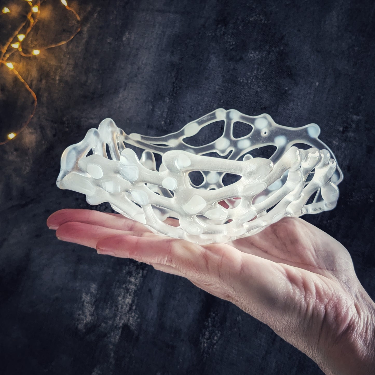 Frosted Wispy White and Clear Glass Vessel