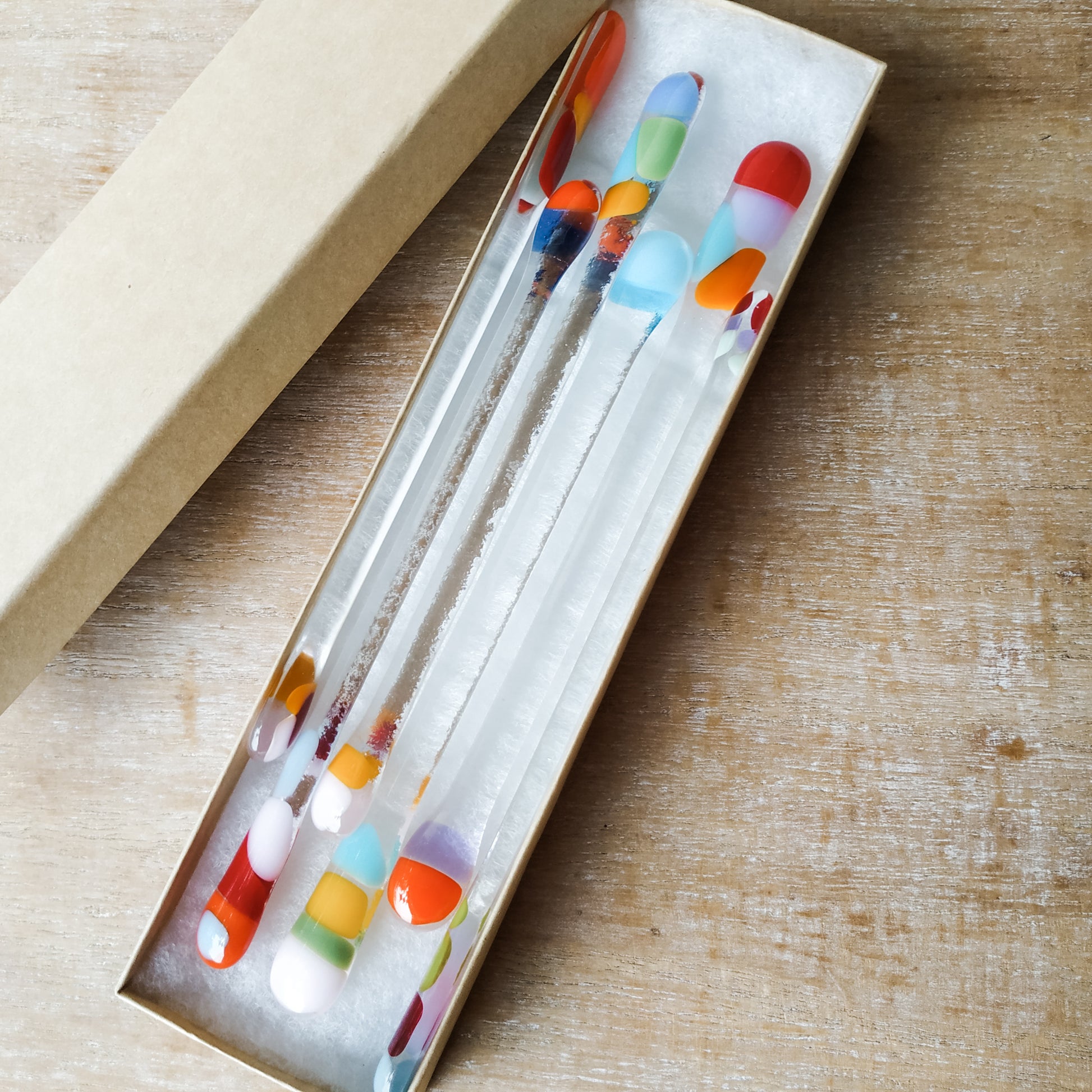 Gift box of 6 handmade glass drink stirrers made by Pamela Angus 