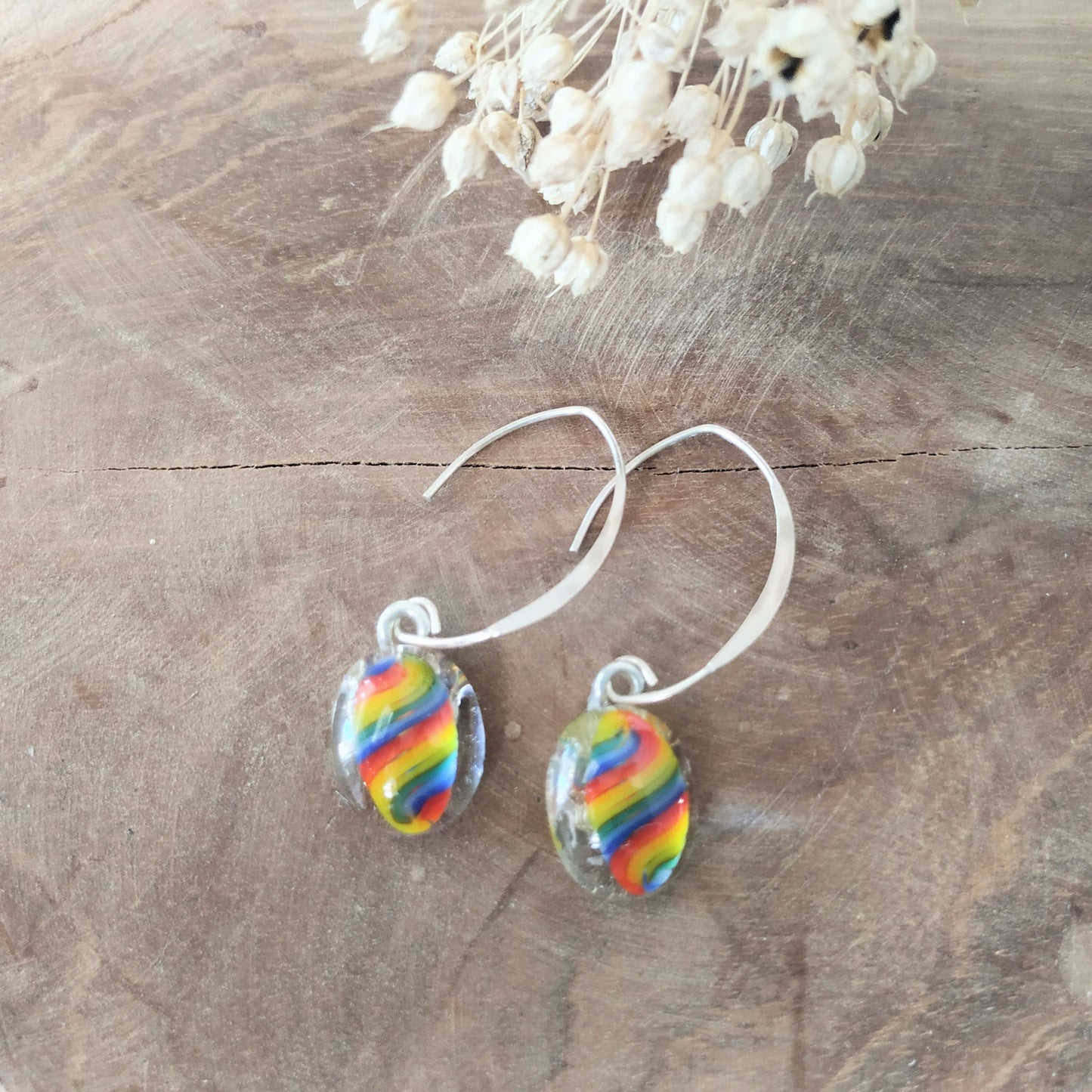 Rainbow earrings on wood with wildflower 