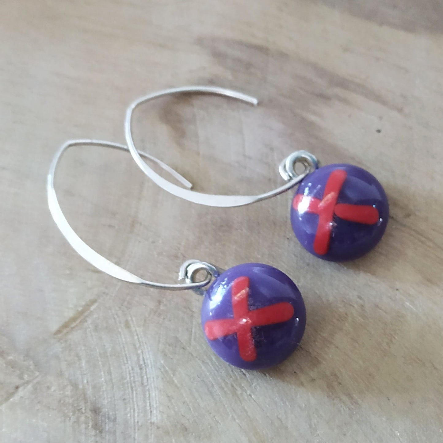 Purple with red x fused glass earrings with silver ear wires