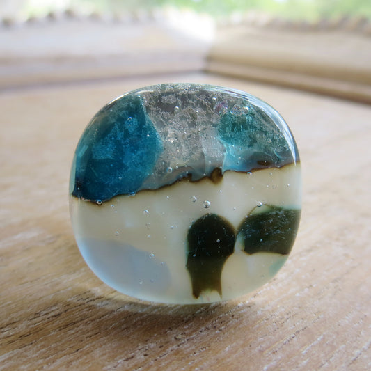 Abstract desiign of blue silver and off white glass . handmade art glass ring by Pamela Angus